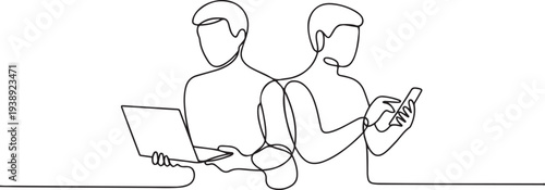 two people holding technology gear in a continuous line style.one line vector illustration with out background