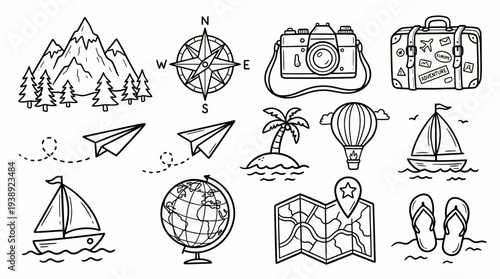 Collection of hand-drawn travel icons featuring mountains, compass, camera, suitcase, paper plane, globe, map and sailboats on white background, symbolizing vacation planning and adventure exploration