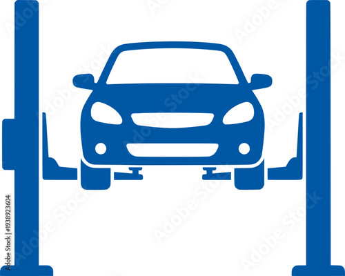 Car on a lift, automotive repair service vehicle maintenance symbol
