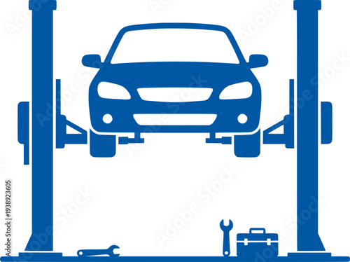 Car on a lift, automotive repair service vehicle maintenance symbol
