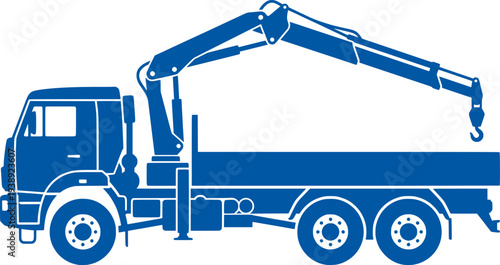 Of a dark blue construction truck with a crane and a driver
