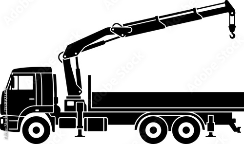 Of a dark blue construction truck with a crane and a driver
