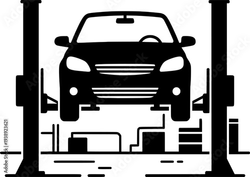 Car on a lift, automotive repair service vehicle maintenance symbol
