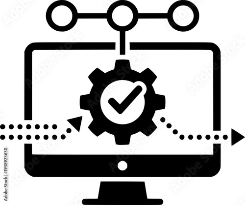 Computer Screen with Gear and Checkmark, Data Flow, and Process
