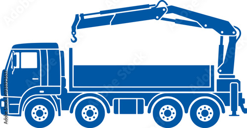 Of a dark blue construction truck with a crane and a driver
