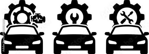 Three cars with gears above, representing automotive industry and mechanics
