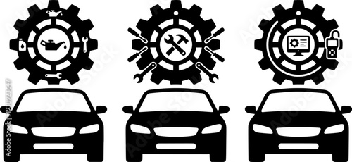 Three cars with gears above, representing automotive industry and mechanics
