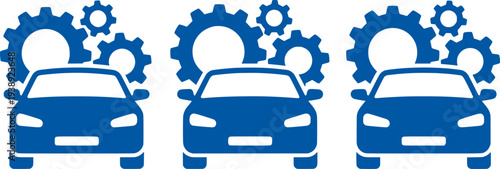 Three cars with gears above, representing automotive industry and mechanics
