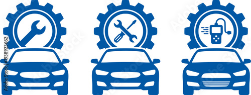 Three cars with gears above, representing automotive industry and mechanics
