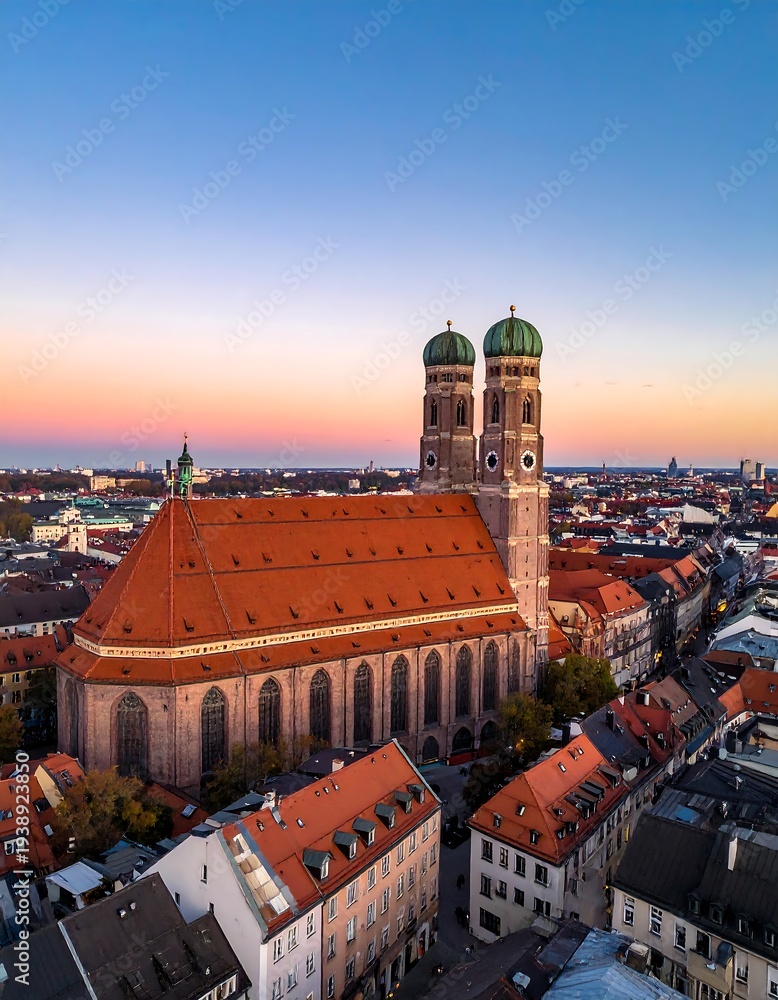 Obraz premium Aerial view of a European city at sunset with a large church