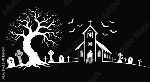 White silhouette of a spooky Halloween graveyard with a church, tombstone crosses, flying bats, and a large dead gnarled tree