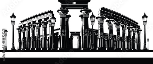 Vintage street lamp silhouette set with ornate wrought iron details, classic gas lantern posts for urban lighting and architectural design, collection.