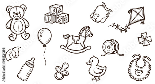 Charming Hand Drawn Collection of Baby Toys and Essentials Featuring a Teddy Bear, Rocking Horse, and Rattle