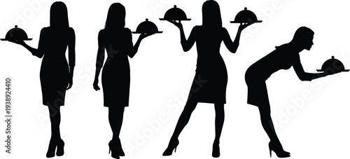 Vector silhouettes of female waitresses and servers holding food trays with cloches, illustrating restaurant service, catering, hospitality, and fine dining