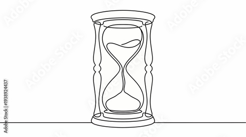 Minimalist single continuous line drawing of a classic hourglass with flowing sand on white background, symbolizing professional time management and business deadline