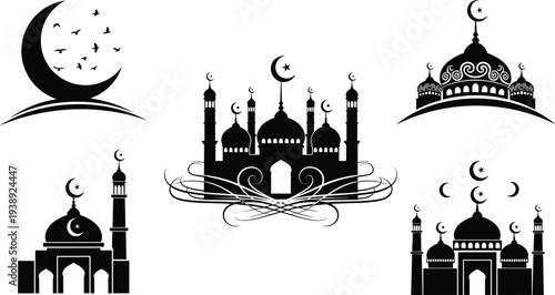 Vector silhouettes of mosque domes, minarets, and crescent moons with stars, illustrating Islamic culture, Ramadan, Eid, religion, and Middle Eastern architecture