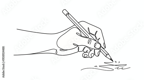 One line drawing of a human hand holding a pencil and writing on a paper surface with minimalistic strokes, symbolizing creative process and professional educational concept