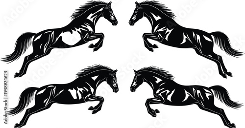 "Black silhouette vector illustration of leaping horses arranged in grid, dynamic motion artwork emphasizing strength, freedom, agility, and decorative equestrian design"