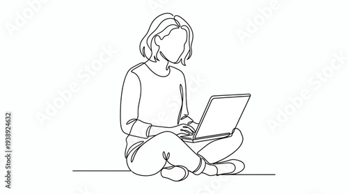 Continuous line drawing of a woman sitting on the floor cross-legged while using a laptop computer, symbolizing remote work flexibility and a modern freelance digital nomad lifestyle