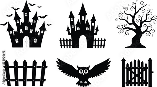 Vector silhouette set of haunted Halloween castles, spooky dead tree, flying bats, nocturnal owl, and wooden fences for holiday design
