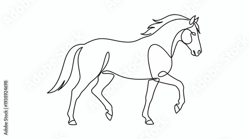 Elegant continuous one line drawing of a majestic horse walking gracefully on a clean white background, symbolizing freedom and minimalist wall art decor