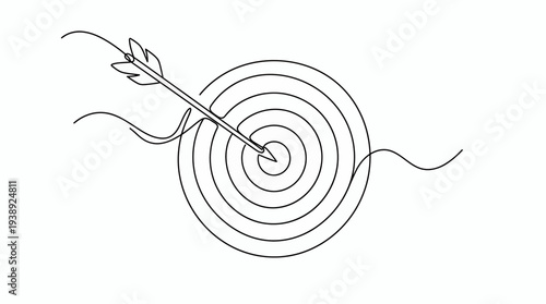 Continuous one line drawing of a sharp arrow hitting the bullseye center of a circular archery target on white background, symbolizing business achievement and goal marketing strategy