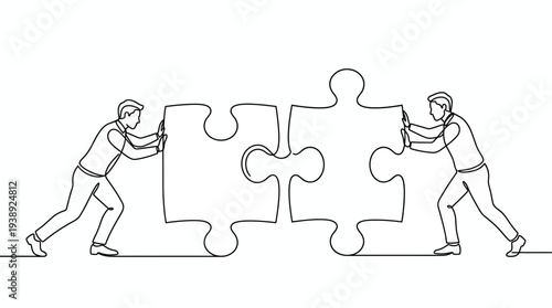 Continuous line art of two businessmen pushing large puzzle pieces together on white background, symbolizing corporate teamwork and business integration