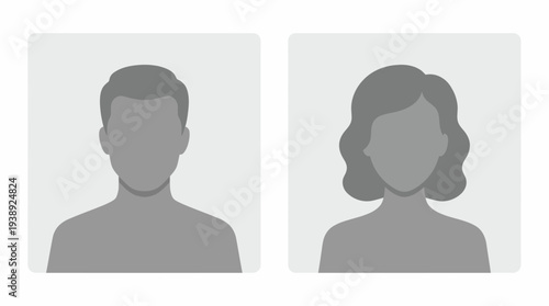 Minimalist grey male and female profile avatar silhouettes on neutral square backgrounds with rounded corners, symbolizing user account identification or digital community website membership