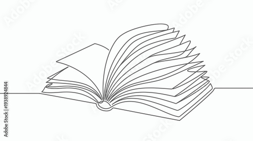 Continuous single line drawing of an open book with flipping pages on white background, symbolizing academic education and professional knowledge acquisition