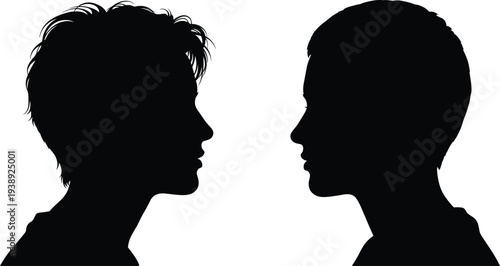 Vector silhouette of two human head profiles facing each other, symbol of communication, conversation, social interaction, friendship, and psychological connection