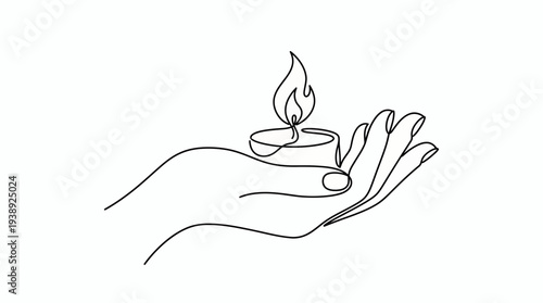 Continuous line art drawing of a human hand holding a burning candle with flame on white background, symbolizing spiritual peace and meditation, symbolizing hope and memorial tribute