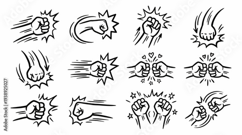 Collection of hand drawn doodle clenched fists punching and hitting with motion lines and impact effects on white background, symbolizing aggressive strength or competitive sports spirit