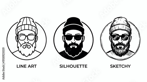 Three bearded man portrait head icons in line art silhouette and sketchy styles wearing beanie and sunglasses, symbolizing modern barbershop branding and masculine lifestyle identity