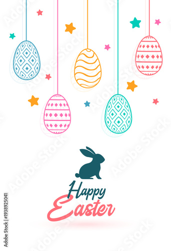 colorful hanging easter eggs poster with cute bunny silhouette