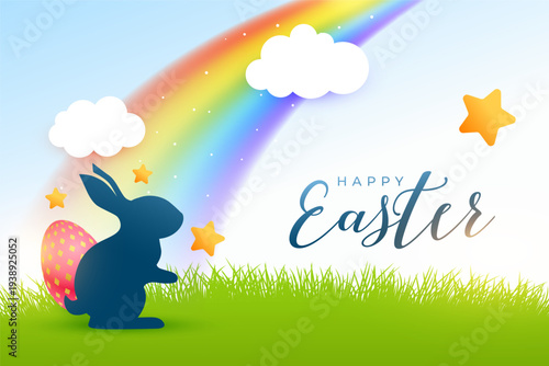 happy easter greeting card with bunny silhouette and colorful rainbow