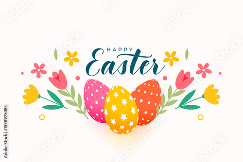 happy easter invitation background with patterned eggs and tulip flower