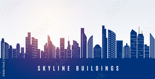 urban skyline downtown building silhouette with sun glare effect