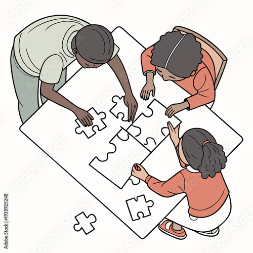 Three children solving a puzzle together on the floor siblings