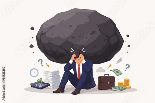 Stressed Businessman Sitting Under a Giant Heavy Rock Representing Financial Burden, Work Pressure, and Emotional Stress, Overwhelmed by Debt, Deadlines, and Difficult Business Decisions