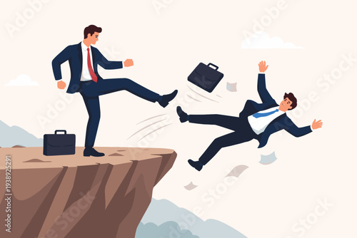 Businessman Kicking Colleague Off a Cliff Representing Corporate Betrayal, Dishonesty, and Fierce Competition in the Workplace. Concept of Career Rivalry, Backstabbing, and Unfair Business Tactics.