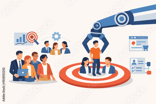 Target Audience Selection and Marketing Strategy Concept with Robotic Arm Picking Specific Customer from a Group on a Bullseye Target for CRM, Business Analytics, and Data-Driven Advertising.