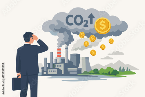 Businessman observing industrial factory emitting CO2 smoke with falling dollar coins, symbolizing carbon tax, emission costs, pollution charges, global warming, and environmental climate impact.