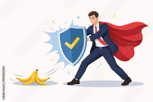 Businessman Superhero in Suit and Red Cape Holding a Shield with Checkmark to Protect Against Slipping on a Banana Peel, Concept of Risk Management, Insurance, and Avoiding Business Mistakes or