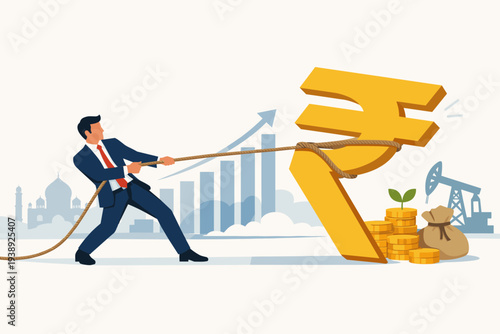 Businessman pulling a large golden Indian Rupee symbol with a rope, representing economic growth, investment opportunities, financial policy, and the rising strength of the Indian economy in 2024.