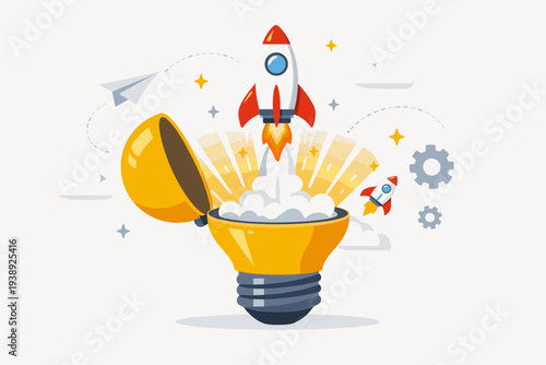 Creative Business Startup and Innovation Concept Featuring a Rocket Launching from an Open Lightbulb. Entrepreneurship, Growth, Success, and Strategic Breakthrough Vector Illustration.