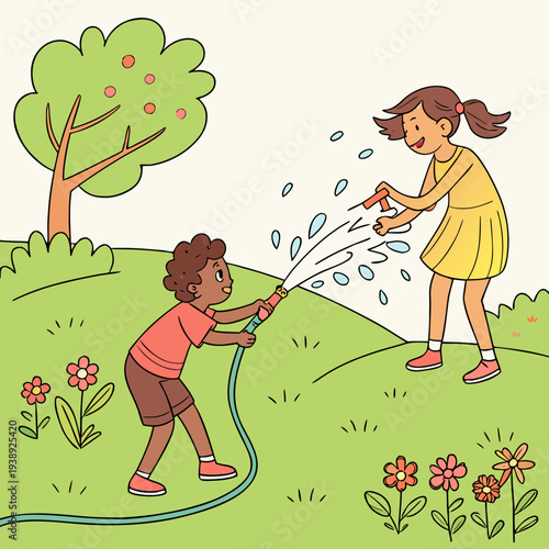 Two children playing with a water hose in a backyard with flowers and a tree siblings girl