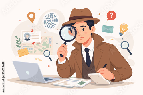 Professional Detective or Private Investigator Character Using Magnifying Glass and Laptop to Find Information, Evidence, and Clues for Case Discovery, Research, and Data Analysis Illustration