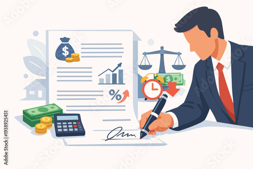 Businessman in a suit signing a financial loan agreement or debt obligation contract with interest rate symbols, money bag, calculator, clock, and scales of justice for legal credit management