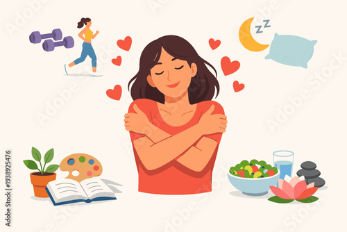 Self-Care Concept Illustration with a Woman Hugging Herself and Icons for Healthy Lifestyle, Exercise, Good Sleep, Hobbies, and Nutritious Food for Mental Health and Physical Well-being.