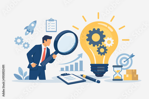 Business professional researching product development and optimization process to launch new project, innovation, creative idea generation, market analysis, strategy, and startup growth.
